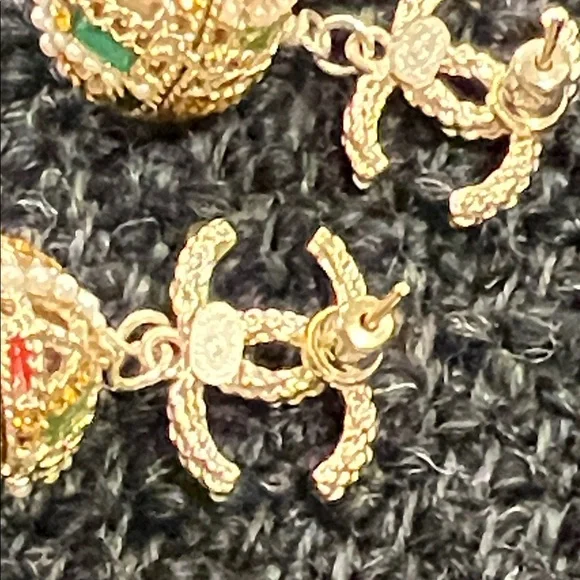 CHANEL Gold-Tone Double C Drop Earrings with Multicolor Enamel and Pearl Accents - Picture 10 of 15